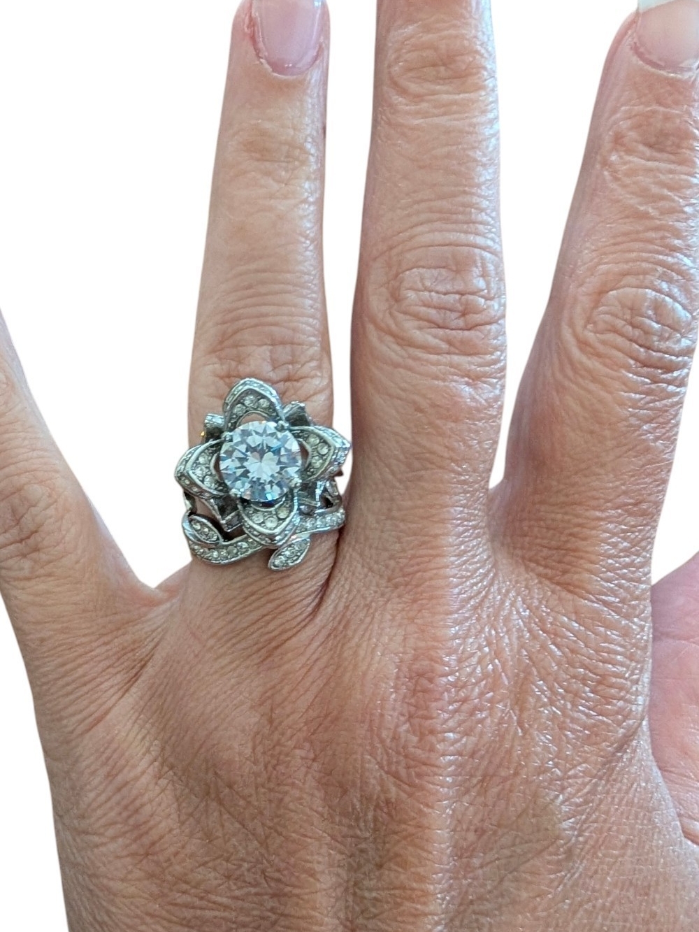 Silver Floral Halo Ring with Clear Center Stone